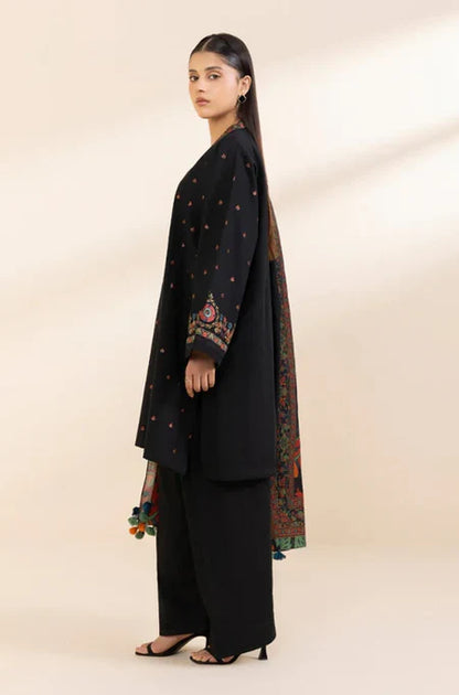 BrandsInn-3PC DHANAK EMBROIDERED SHIRT WITH COURTRAI PRINTED SHAWL & TROUSER-BI-4242