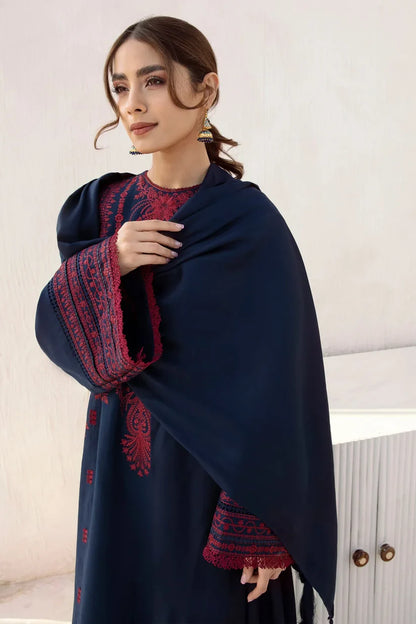 BrandsInn - 3PC DHANAK EMBROIDERED SHIRT WITH DHANAK SHAWL AND TROUSER-BI-4074