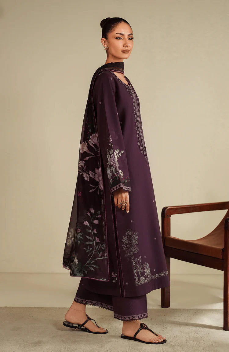 BrandsInn-3PC DHANAK EMBROIDERED SHIRT WITH COURTRAI PRINTED SHAWL & TROUSER-BI-4317