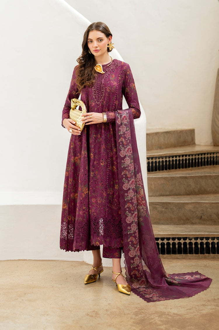 BrandsInn-3PC LAWN PRINTED CHIKAN EMB FROCK WITH SILK PRINTED DUPATTA AND TROUSER-BI-011