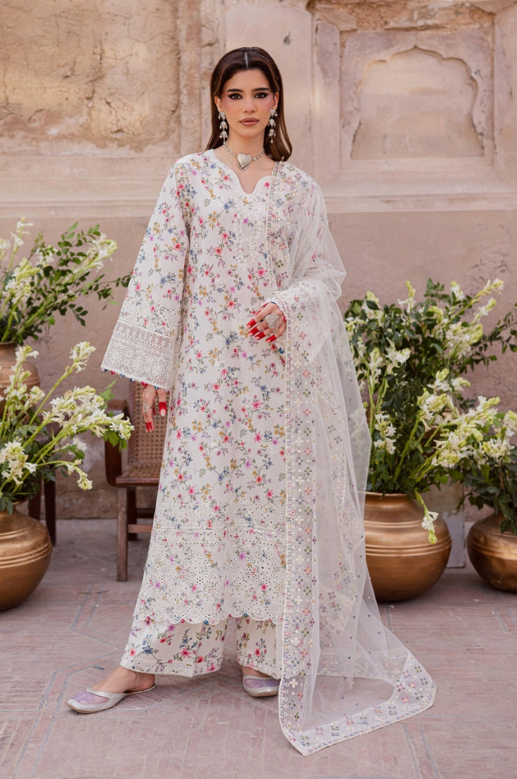 BrandsInn-3PC LAWN SCHIFFLI EMBROIDERED PRINTED SHIRT WITH SILK PRINT DUPATTA AND PRINT TROUSER-BI-015