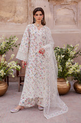 BrandsInn-3PC LAWN SCHIFFLI EMBROIDERED PRINTED SHIRT WITH SILK PRINT DUPATTA AND PRINT TROUSER-BI-015