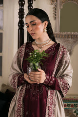 BrandsInn-3PC DHANAK EMBROIDERED SHIRT WITH DHANAK EMBROIDERED SHAWL AND TROUSER-BI-4375