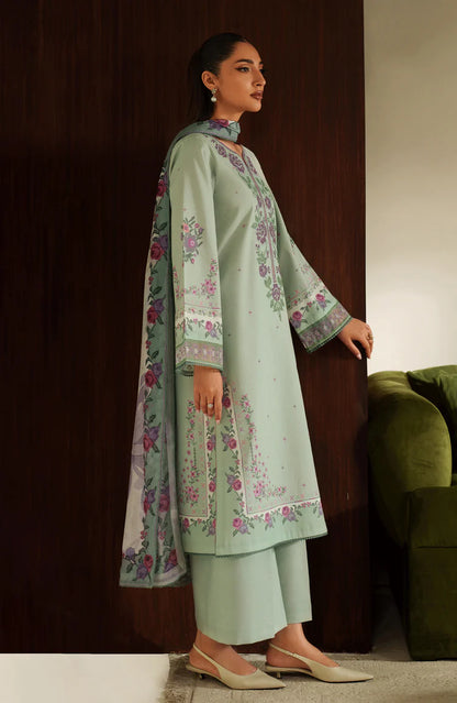 BrandsInn-3PC DHANAK EMBROIDERED SHIRT WITH COURTRAI PRINTED SHAWL & TROUSER-BI-4322