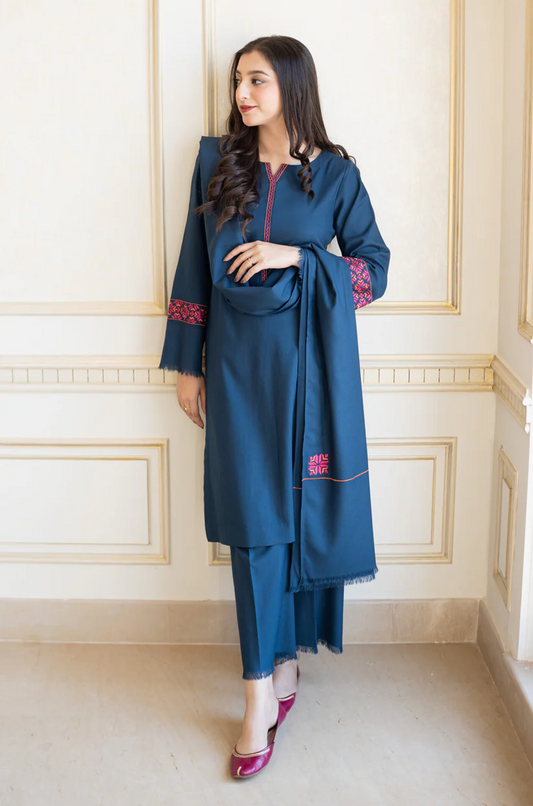 BrandsInn-3PC DHANAK EMBROIDERED SHIRT WITH DHANAK EMBROIDERED SHAWL & TROUSER-BI-4048