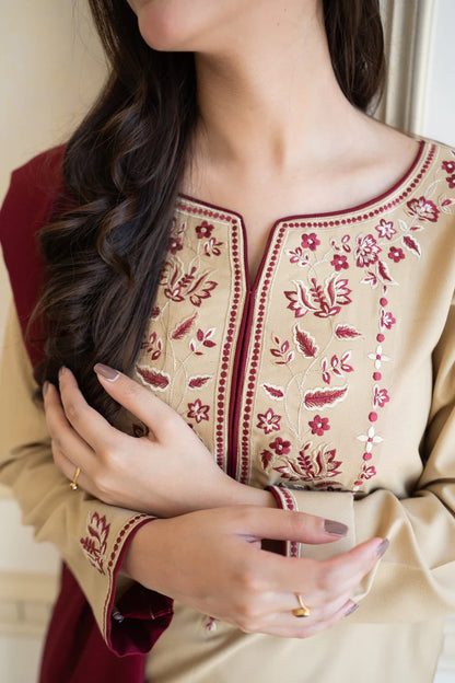 BrandsInn - 3PC DHANAK EMBROIDERED SHIRT WITH DHANAK EMBROIDERED SHAWL AND TROUSER-BI-4061