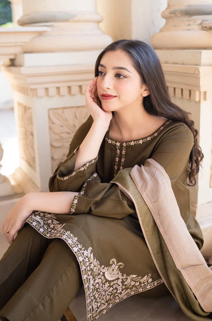 BrandsInn-3PC DHANAK EMBROIDERED SHIRT WITH COURTRAI PRINTED SHAWL & TROUSER-BI-4143