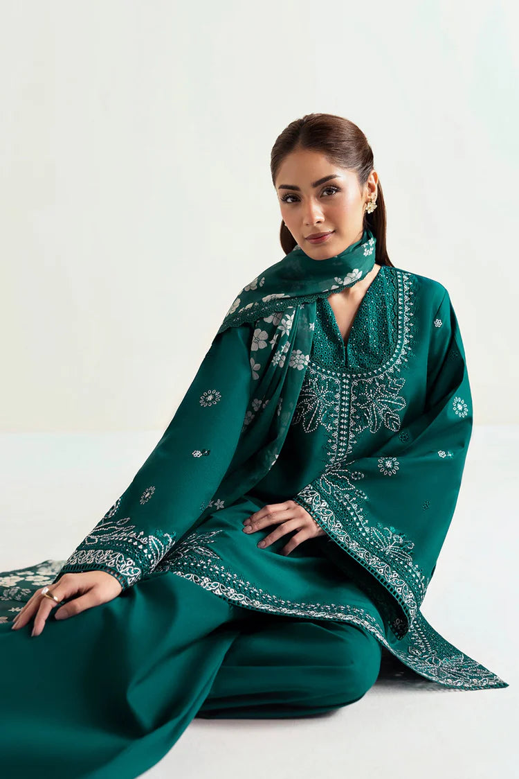 BrandsInn-3PC DHANAK EMBROIDERED SHIRT WITH COURTRAI PRINTED SHAWL AND TROUSER-BI-4302