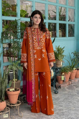 BrandsInn-3PC DHANAK EMBROIDERED SHIRT WITH DHANAK EMBROIDERED SHAWL AND EMB TROUSER-BI-5236