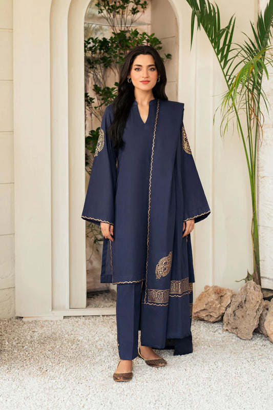 BrandsInn-3PC DHANAK SHIRT WITH WOOL PRINTED SHAWL & TROUSER-BI-4127