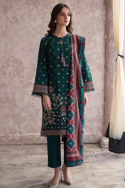 BrandsInn-3PC DHANAK EMBROIDERED WITH COUTRAI WOOL PRINT SHAWL & TROUSER-BI-4082