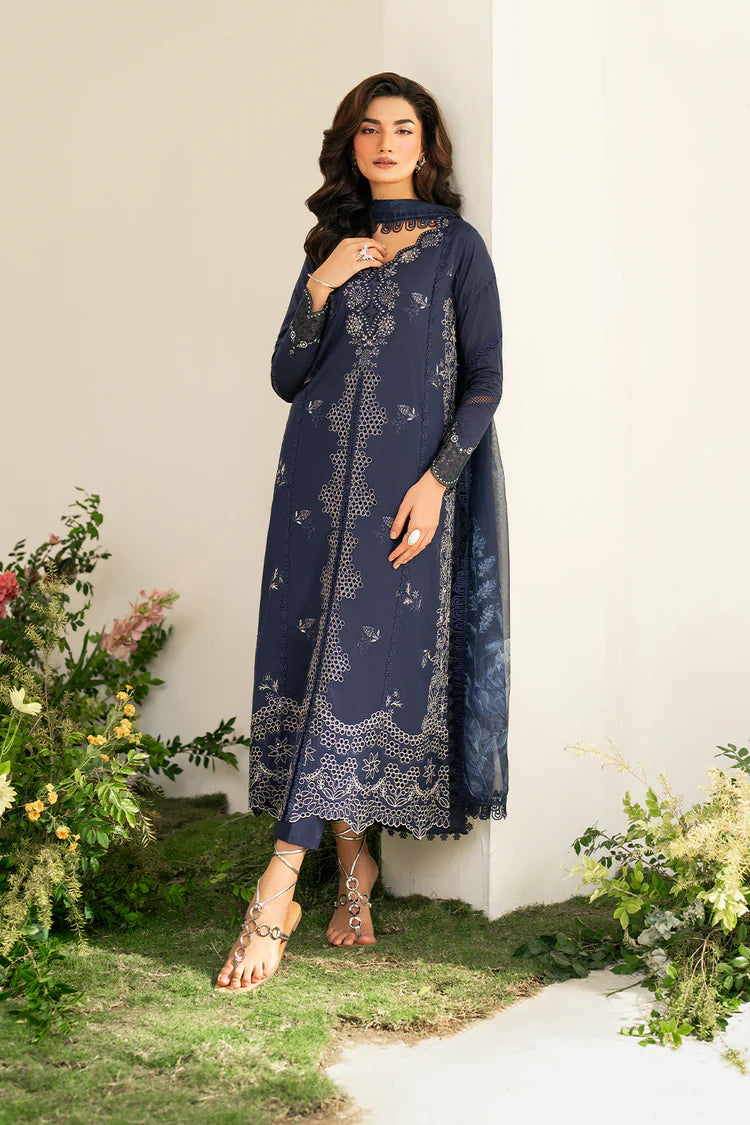 BrandsInn-3PC DHANAK CHIKAN EMBROIDERED SHIRT WITH COURTRAI PRINTED SHAWL AND EMB TROUSER-BI-4132