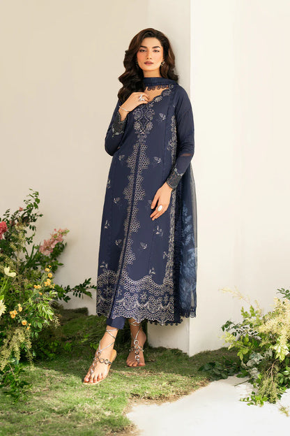 BrandsInn-3PC DHANAK CHIKAN EMBROIDERED SHIRT WITH COURTRAI PRINTED SHAWL AND EMB TROUSER-BI-4132