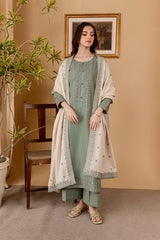 BrandsInn-3PC DHANAK EMBROIDERED SHIRT WITH DHANAK EMBROIDERED SHAWL AND TROUSER-BI-4133