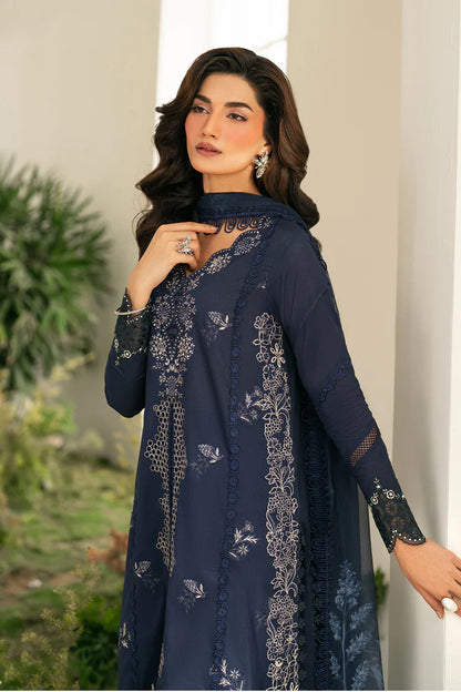 BrandsInn-3PC DHANAK CHIKAN EMBROIDERED SHIRT WITH COURTRAI PRINTED SHAWL AND EMB TROUSER-BI-4132