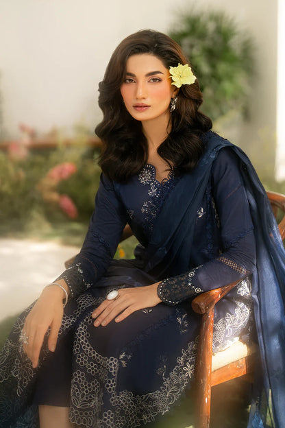 BrandsInn-3PC DHANAK CHIKAN EMBROIDERED SHIRT WITH COURTRAI PRINTED SHAWL AND EMB TROUSER-BI-4132