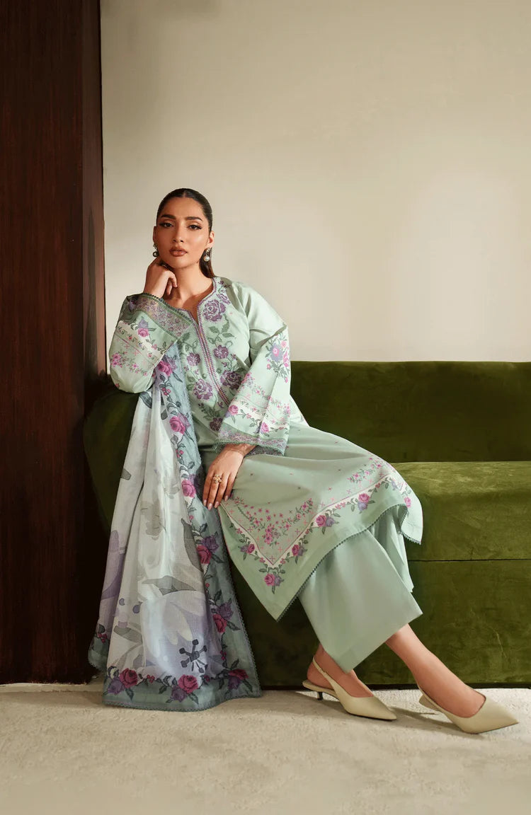 BrandsInn-3PC DHANAK EMBROIDERED SHIRT WITH COURTRAI PRINTED SHAWL & TROUSER-BI-4322