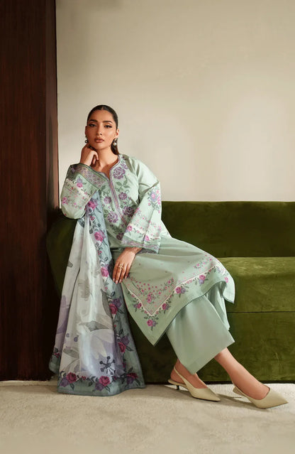 BrandsInn-3PC DHANAK EMBROIDERED SHIRT WITH COURTRAI PRINTED SHAWL & TROUSER-BI-4322