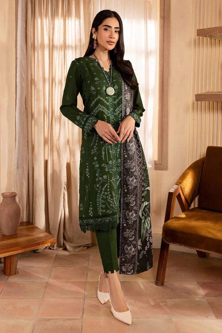 BrandsInn-3PC DHANAK EMBROIDERED SHIRT WITH COURTRAI PRINTED SHAWL & TROUSER-BI-4324
