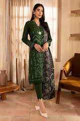 BrandsInn-3PC DHANAK EMBROIDERED SHIRT WITH WOOL PRINTED SHAWL & TROUSER-BI-4324