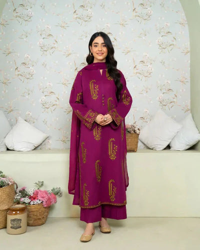 BrandsInn-3PC DHANAK EMBROIDERED SHIRT WITH DHANAK EMBROIDERED SHAWL AND TROUSER-BI-4181