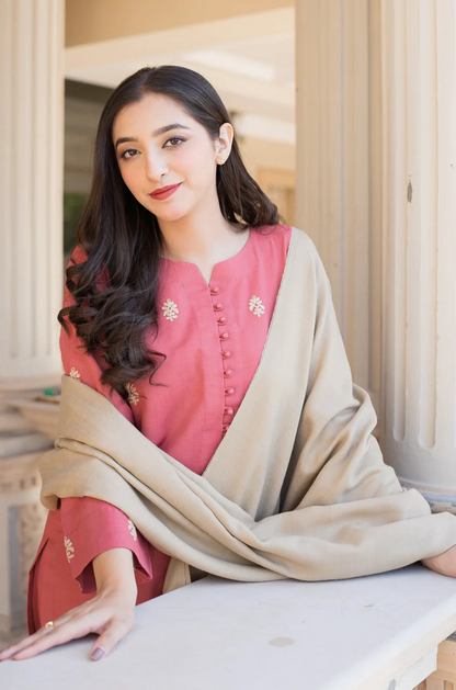 BrandsInn- 3PC DHANAK EMBROIDERED SHIRT WITH DHANAK SHAWL AND TROUSER-BI-4081