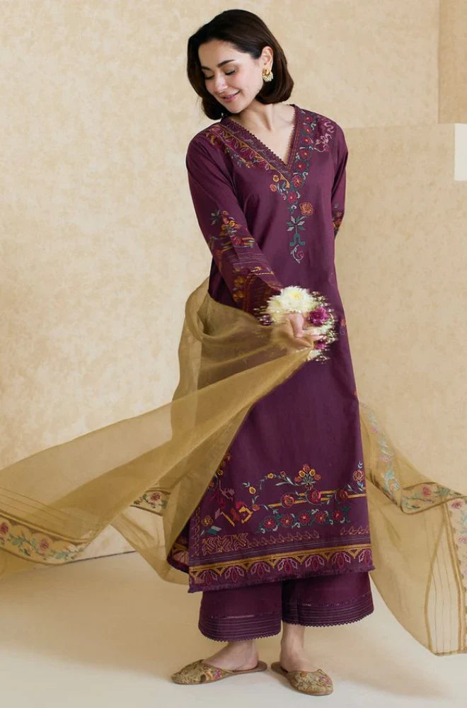BrandsInn - 3PC LAWN EMBROIDERED SHIRT WITH ORGANZA EMBROIDERED DUPATTA AND TROUSER -BI-430