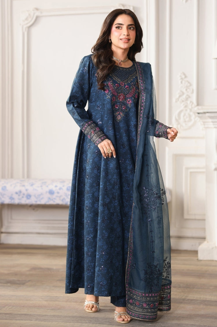 BrandsInn-3PC LAWN PRINTED EMBROIDERED SHIRT WITH ORGANZA EMBROIDERED DUPATTA AND PRINT TROUSER-BI-004