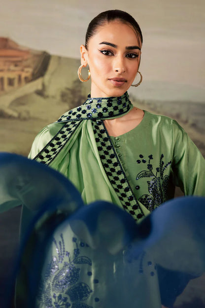 BrandsInn-3PC SHAMOZE SILK PRINTED EMBROIDERED SHIRT WITH SOFT SILK PRINTED EMB DUPATTA & TROUSER BI-1736