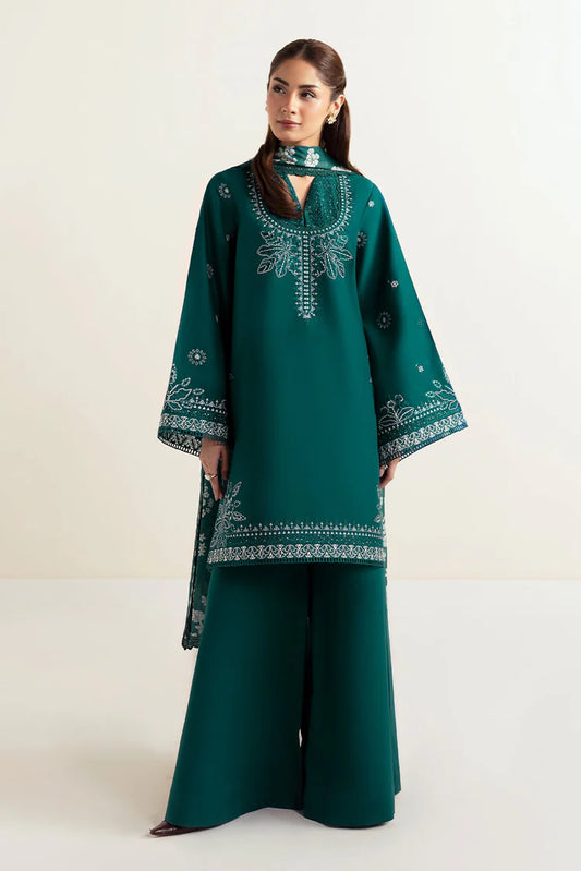 BrandsInn-3PC DHANAK EMBROIDERED SHIRT WITH COURTRAI PRINTED SHAWL AND TROUSER-BI-4302
