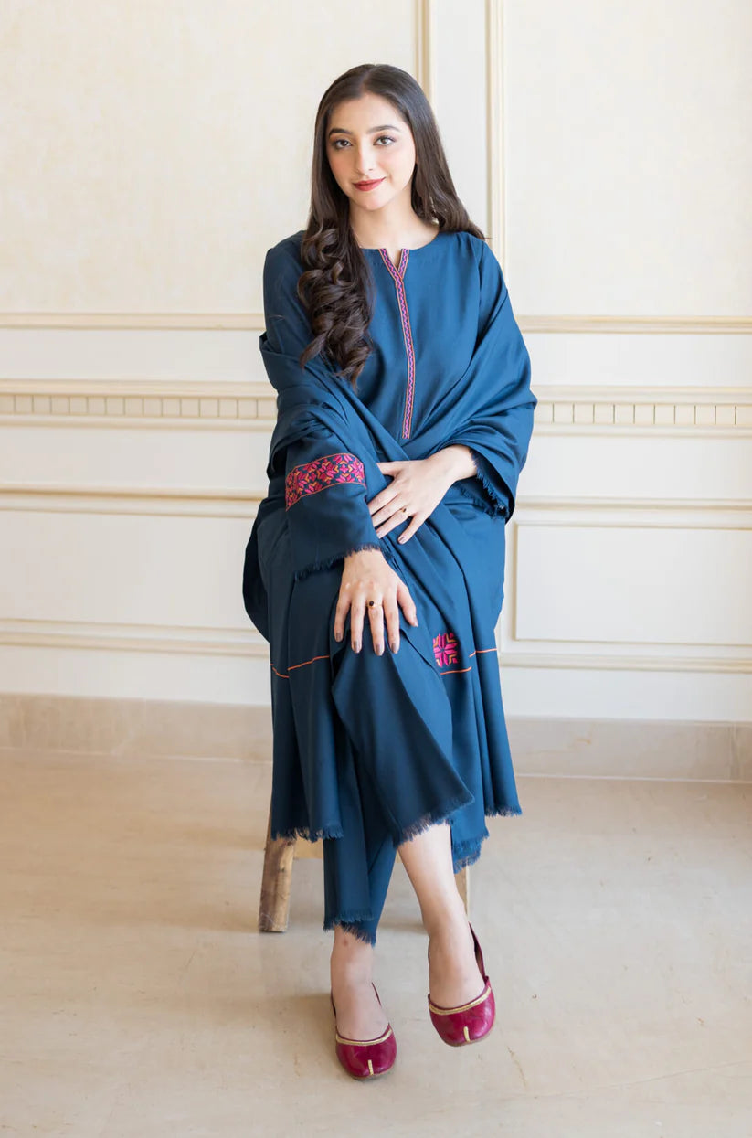 BrandsInn-3PC DHANAK EMBROIDERED SHIRT WITH DHANAK EMBROIDERED SHAWL & TROUSER-BI-4048