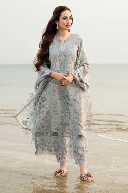 BrandsInn-3PC DHANAK LASER WORK EMBROIDERED SHIRT WITH CHIFFON EMBROIDERED DUPATTA & TROUSER-BI-4214