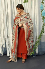 BrandsInn-3PC DHANAK EMBROIDERED SHIRT WITH COURTRAI PRINTED SHAWL AND TROUSER-BI-4136