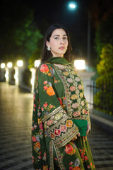 BrandsInn-3PC SHAMOZE SILK PRINTED EMBROIDERED SHIRT WITH SOFT SILK PRINTED EMB DUPATTA & PRINTED TROUSER BI-1739