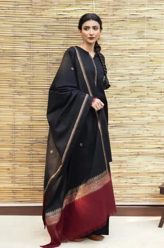 BrandsInn- 3PC DHANAK SHIRT WITH SLUB WOOL PRINT SHAWL-BI-4075