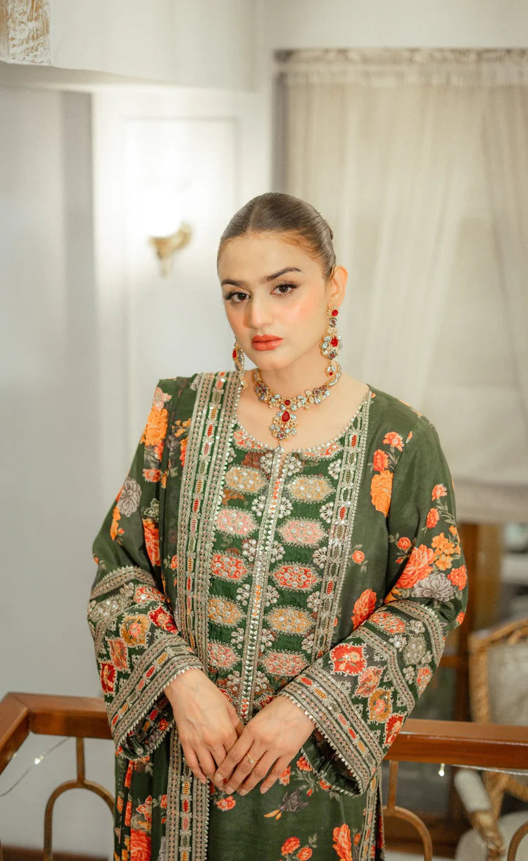 BrandsInn-3PC SHAMOZE SILK PRINTED EMBROIDERED SHIRT WITH SOFT SILK PRINTED EMB DUPATTA & PRINTED TROUSER BI-