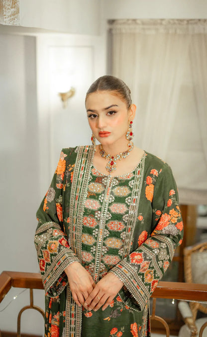 BrandsInn-3PC SHAMOZE SILK PRINTED EMBROIDERED SHIRT WITH SOFT SILK PRINTED EMB DUPATTA & PRINTED TROUSER BI-