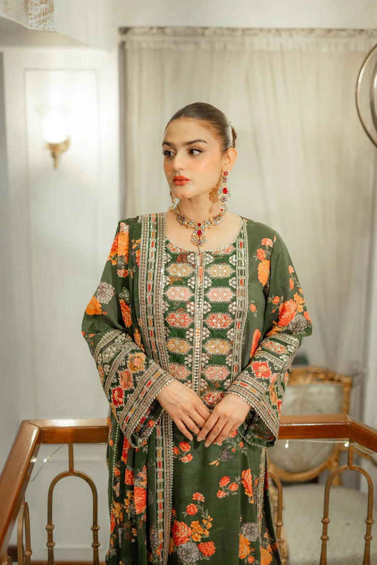 BrandsInn-3PC SHAMOZE SILK PRINTED EMBROIDERED SHIRT WITH SOFT SILK PRINTED EMB DUPATTA & PRINTED TROUSER BI-