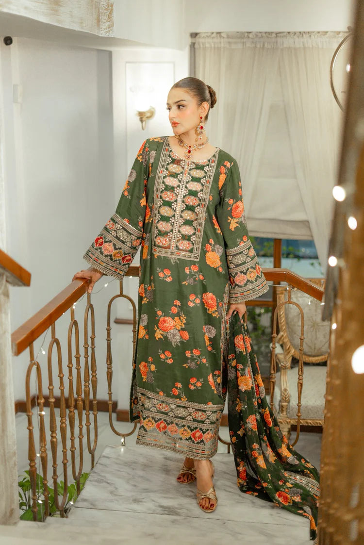 BrandsInn-3PC SHAMOZE SILK PRINTED EMBROIDERED SHIRT WITH SOFT SILK PRINTED EMB DUPATTA & PRINTED TROUSER BI-