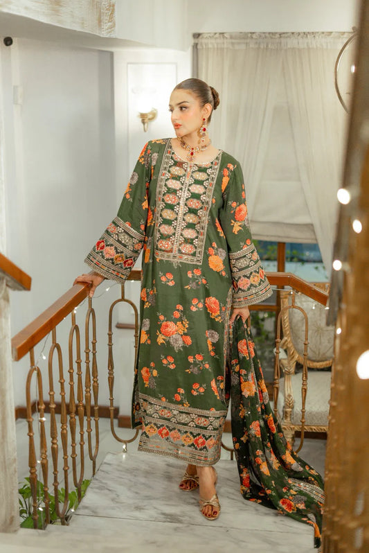 BrandsInn-3PC SHAMOZE SILK PRINTED EMBROIDERED SHIRT WITH SOFT SILK PRINTED EMB DUPATTA & PRINTED TROUSER BI-