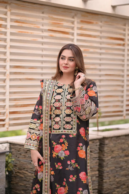 BrandsInn-3PC SHAMOZE SILK PRINTED EMBROIDERED SHIRT WITH SOFT SILK PRINTED EMB DUPATTA & PRINTED TROUSER BI-1705