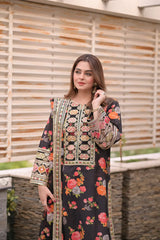 BrandsInn-3PC SHAMOZE SILK PRINTED EMBROIDERED SHIRT WITH SOFT SILK PRINTED EMB DUPATTA & PRINTED TROUSER BI-1705