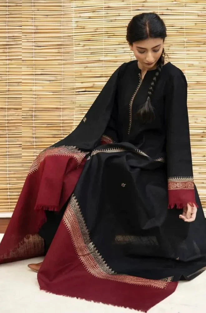 BrandsInn- 3PC DHANAK SHIRT WITH SLUB WOOL PRINT SHAWL-BI-4075