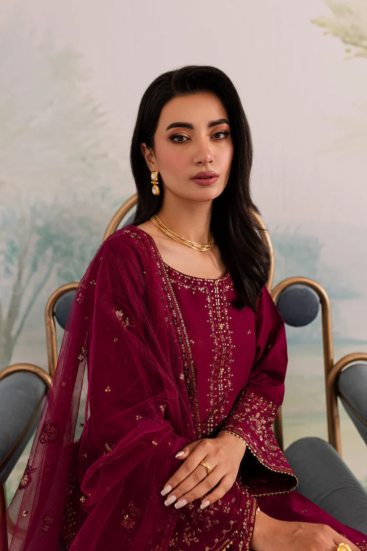 BrandsInn-3PC DHANAK EMBROIDERED SHIRT WITH CHIFFON EMBROIDERED DUPATTA AND TROUSER BI-4198