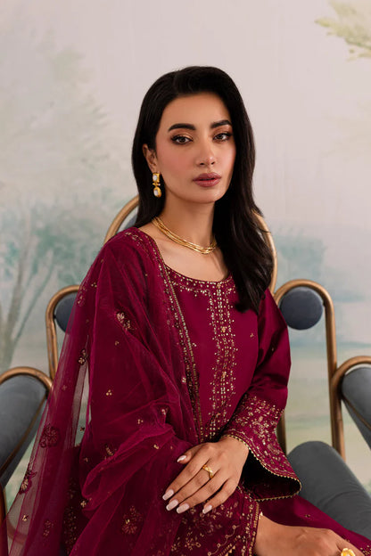 BrandsInn-3PC DHANAK EMBROIDERED SHIRT WITH CHIFFON EMBROIDERED DUPATTA AND TROUSER BI-4198