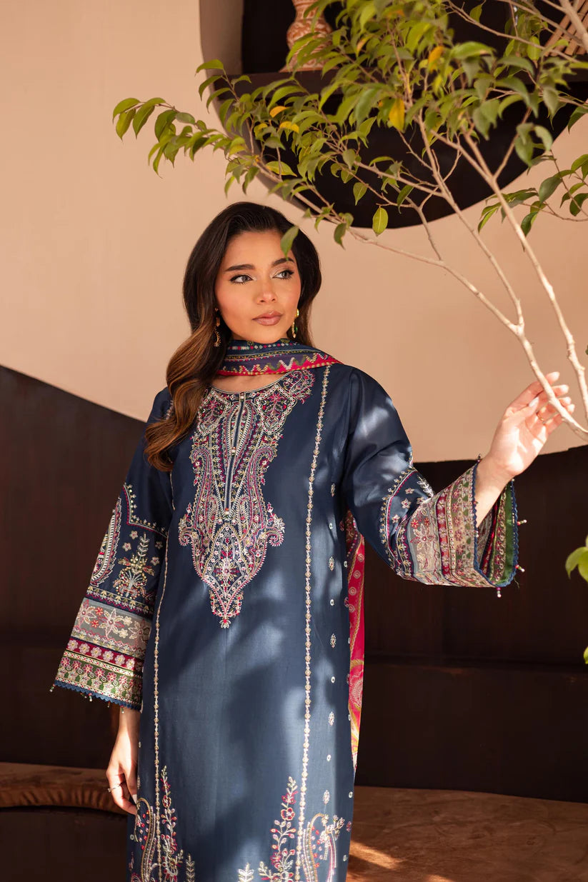 BrandsInn-3PC DHANAK SEQUENCE EMBROIDERED SHIRT WITH COUTRAI PRINTED SHAWL & DHANAK EMB TOUSER--BI-4143