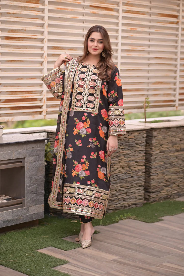 BrandsInn-3PC SHAMOZE SILK PRINTED EMBROIDERED SHIRT WITH SOFT SILK PRINTED EMB DUPATTA & PRINTED TROUSER BI-1705