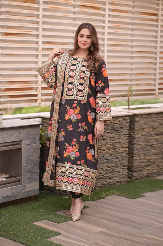 BrandsInn-3PC SHAMOZE SILK PRINTED EMBROIDERED SHIRT WITH SOFT SILK PRINTED EMB DUPATTA & PRINTED TROUSER BI-1705