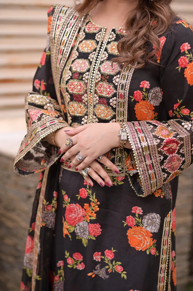BrandsInn-3PC SHAMOZE SILK PRINTED EMBROIDERED SHIRT WITH SOFT SILK PRINTED EMB DUPATTA & PRINTED TROUSER BI-1705