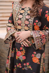 BrandsInn-3PC SHAMOZE SILK PRINTED EMBROIDERED SHIRT WITH SOFT SILK PRINTED EMB DUPATTA & PRINTED TROUSER BI-1705